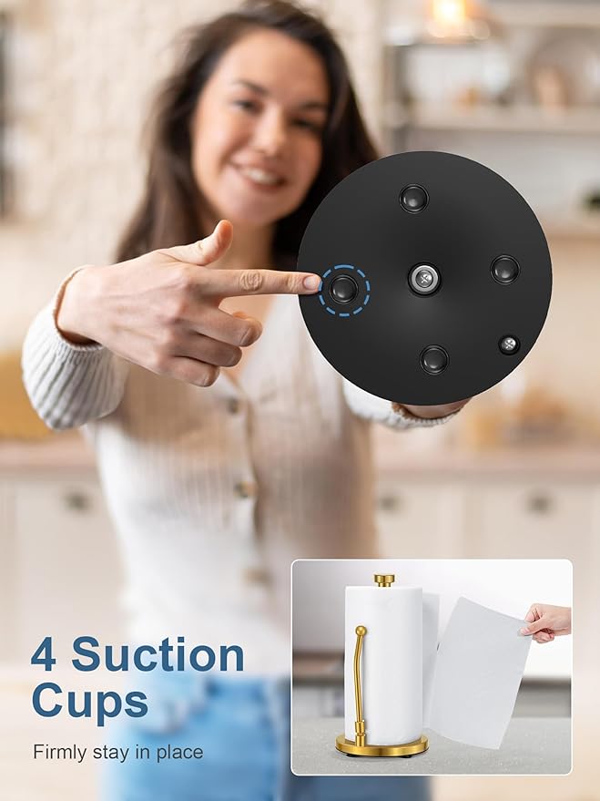 SMARTAKE Paper Towel Holder, Paper Towel Dispenser Standing Weighted Base Non Slip, Spring Arm Fit Most Size Paper Roll, Stainless Steel Kitchen Roll Stand for Home Kitchen Countertop Tabletop, Gold