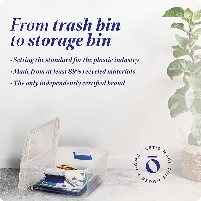 HOMZ 4-Pack Latching Lid, Small Clear Plastic Storage Bins w/ Lids, 15.5 Quart, Blue Latch - Stackable Container Boxes for Home, Bathroom, and Office Organization