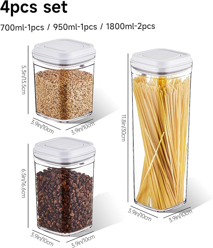 Pop Top Food Storage Container Set | 4Pcs Airtight Cereal Storage Organizer Canisters with Pop Lids, BPA-Free, Vacuum Seal & One-button Opening, Stackable Pantry Containers for Dry Food Storage