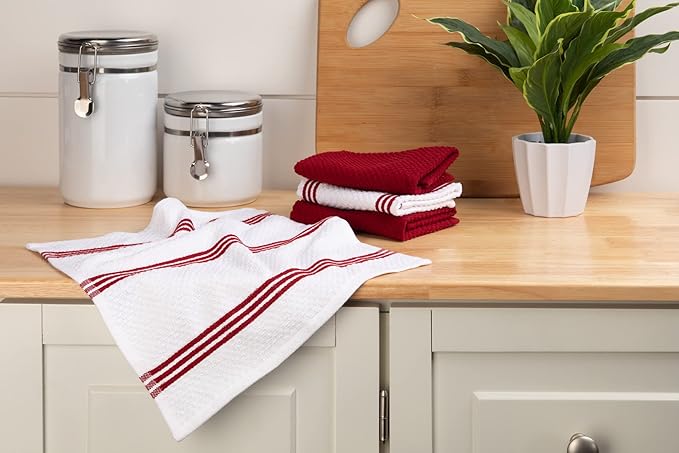 Sticky Toffee Cotton Dishcloths Set of 8 – Red and White Dish Towels 12x12 in, Reusable and Absorbent Tea Towels for Cleaning or Drying, Oeko-Tex Cotton