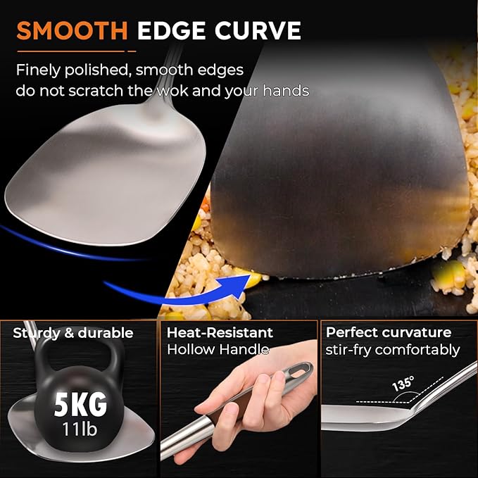 MARTE 17’’ Wok Spatula and Ladle Tools Set，[High Grade,Rustproof, Integral Forming, Heat Resistant],18/10 Stainless Steel Wok Utensils for Cooking，Ergonomic Wok Accessories Set of 2 for Kitchen