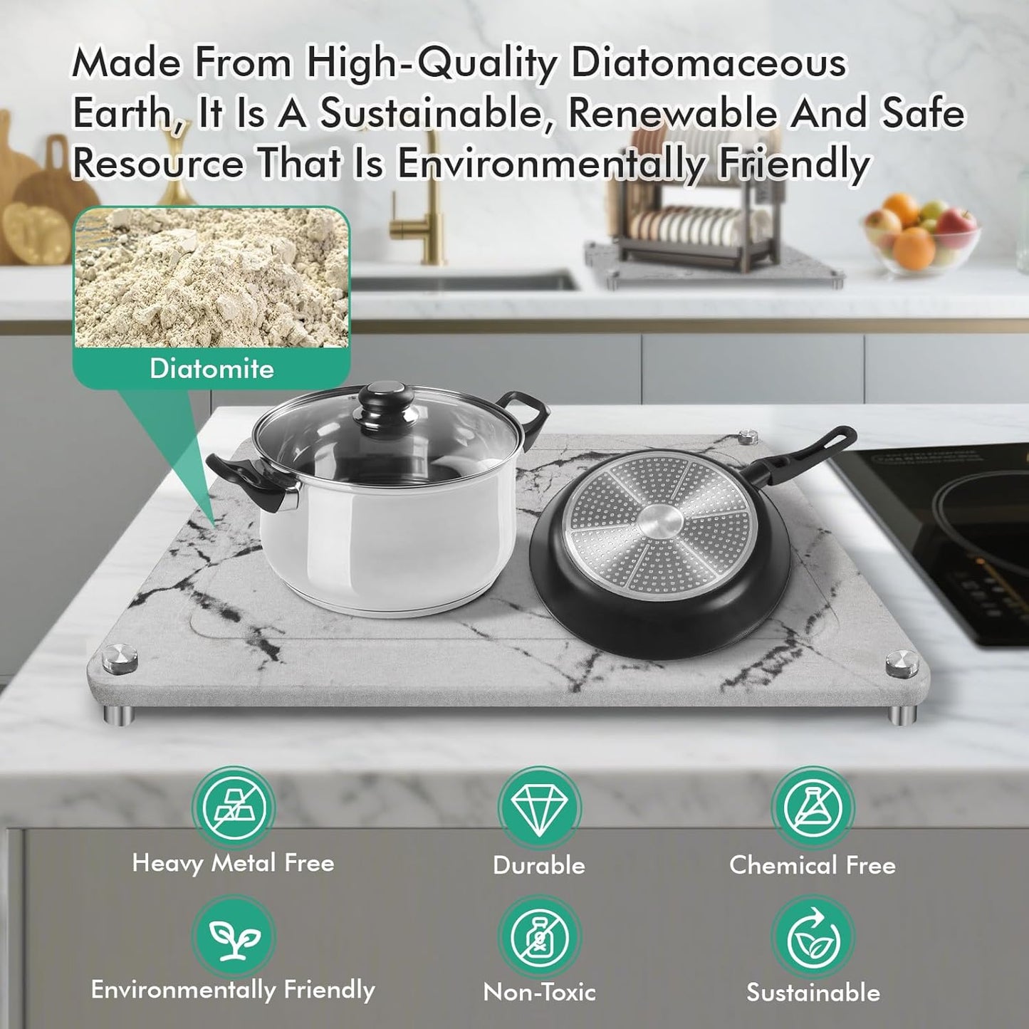 Stone Drying Mat For Kitchen Counter Superb Absorbent Diatomaceous Earth Mats with Non-Slip Feet Quick Dry Stone Dish Drying Pad Dish Pad Multi-Purpose(Marble-LightGray, 15.7" x 11.8")