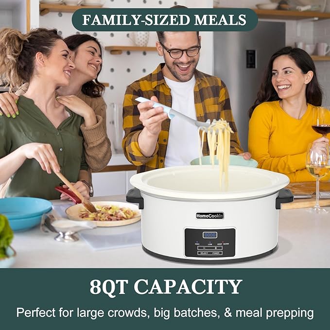 HOMECOOKIN 8-Quart Programmable Slow Cooker with Timer Keep Warm - Small Kitchen Appliance for Family Dinners - Serves 6+ People (White)