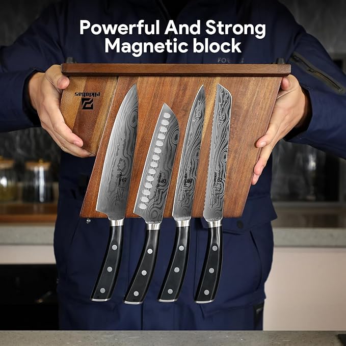 Knife Sets for Kitchen with Block, 17 Pieces with Magnetic Knife Holder, German High Carbon Stainless Steel Damascus Pattern Chef Knife Set
