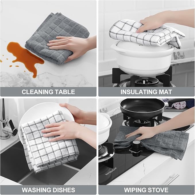 Homaxy Premium Cotton Kitchen Towels 16"x 28", Large Natural Ring Spun 390 GSM Dish Towels, Super Absorbent Terry Kitchen Hand Towels, Soft Tea Towel with Hanging Loop, Grey Check Design, 6 Pack