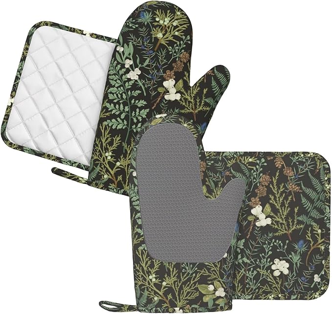 Botanical Print Floral Oven Mitts and Pot Holders Set of 4 Silicone Black Sage Green Botanical Print Kitchen Mitten Gloves and Farmhouse Potholders Set Vintage Oven Gloves Hot Holders for BBQ