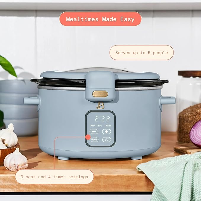 Beautiful 4-Qt Programmable Slow Cooker with Hinged Locking Lid & Touch Display – 3 Heat / 4 Timer Settings (Cornflower Blue)
