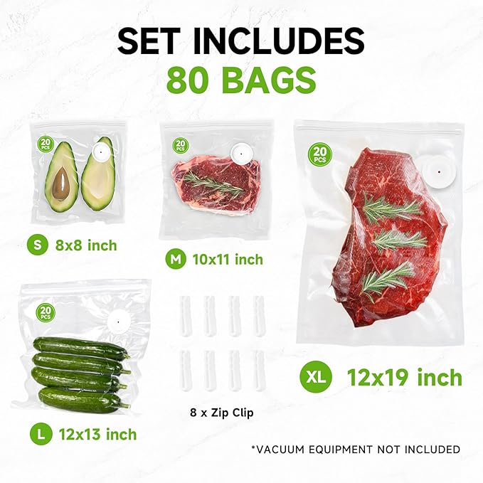 Vacuum Sealer Bags, 80 Reusable Vacuum Sealer Bags for Food, BPA-Free, Meal Prep and Sous Vide Cooking,Works for Handheld Sealer and Vac Sealer Machine with External Vacuum Systems