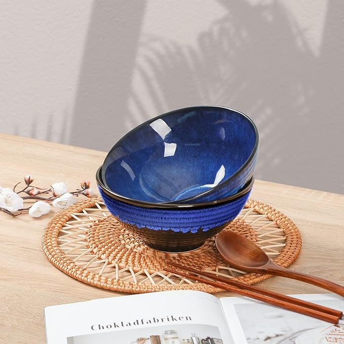 NUTRIUPS Set of 2 Ceramic Ramen Bowls with Spoons & Chopsticks, 40oz Large Soup Bowls for Udon, Miso, Noodles (Ocean Wave)