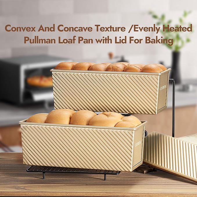 CURTA Commercial Pullman Loaf Pan with Lid 2.2 lb Dough Capacity Non-Stick Bakeware for Baking Bread Corrugated Bread Toast Box Mold extra large loaf pan Champagne Gold 2pcs
