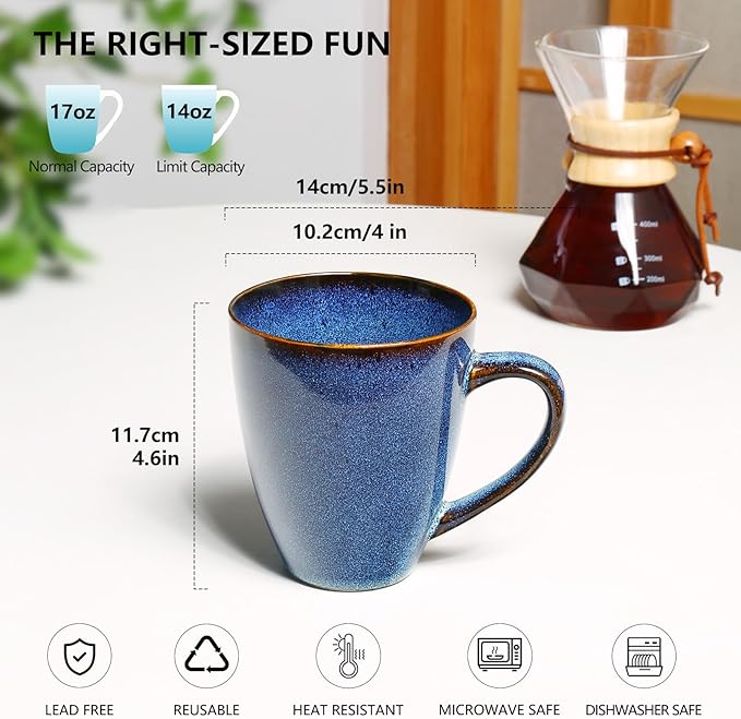 MONITO 17 OZ Coffee Mugs Set of 6, Large Ceramic Blue Coffee Mugs Set with handle for Tea/Latte/Milk/Cocoa, Funny Tea Cups for Office and Home, Engagement Gifts. (Starry Blue)