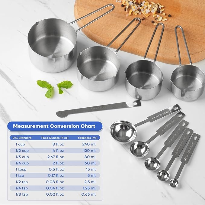 10-Piece Stainless Steel Measuring Cups and Spoons Set for Home Baking Essentials, Dishwasher Safe Kitchen Tools