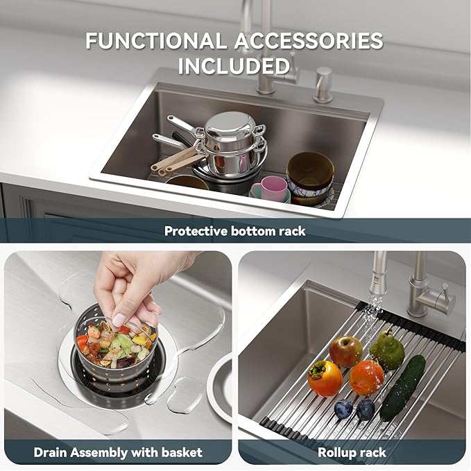 Lordear Drop In Kitchen Sink 25 Inch Stainless Steel Drop In Workstation Sinks 16 Gauge Ledge Workstation 25x22 Drop-in Topmount Single Bowl Kitchen Sink With Accessories