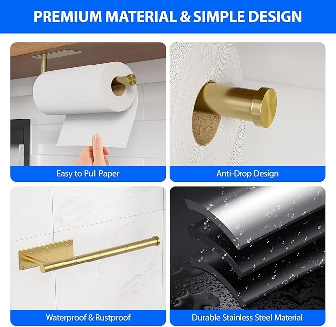 Paper Towel Holder Under Cabinet, Self-Adhesive,No Drilling, Stainless Steel, Wall-Mounted for Kitchen and Bathroom, Easy Install, Durable, Space-Saving, Ideal for Home, RV (Gold, 2 Pack)