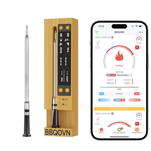 WiFi Sub-1G Wireless Meat Thermometer Unlimited Range with Digital Smart Base 7 NIST Certified Sensors with Ambient Temp Monitor for BBQ, Grill,Oven, Smoker (1, Purple, Small)