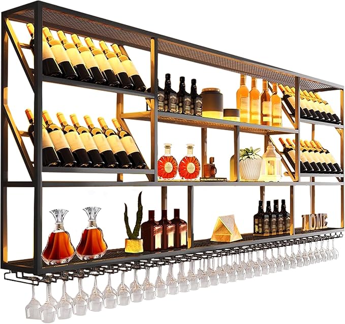3 Tier Wall Mounted Metal Wine Rack, Modern Industrial Liquor Bottle Display Shelves, Large Bar Shelf with Wine Glass Rack, Black, for Home Kitchen, Dining and Bar (79 in)