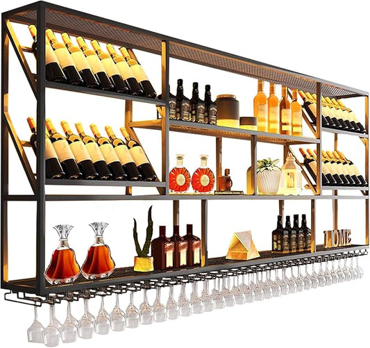 3 Tier Wall Mounted Metal Wine Rack, Modern Industrial Liquor Bottle Display Shelves, Large Bar Shelf with Wine Glass Rack, Black, for Home Kitchen, Dining and Bar (79 in)