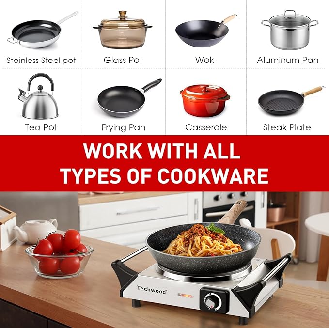 Hot Plate, Techwood Single Burner for Cooking, 1500W Countertop Electric Stove with Adjustable Temperature & Stay Cool Handles, 7.3" Cooktop for RV/Home, Upgraded Version Silver