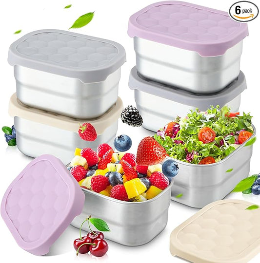 Layhit 6 Pcs Stainless Steel Snack Containers for Kids, 8 oz Lunch Containers with Silicone Lids Small Reusable Metal Food Box for Child Daycare School Home Storage Supplies(Stylish Color)