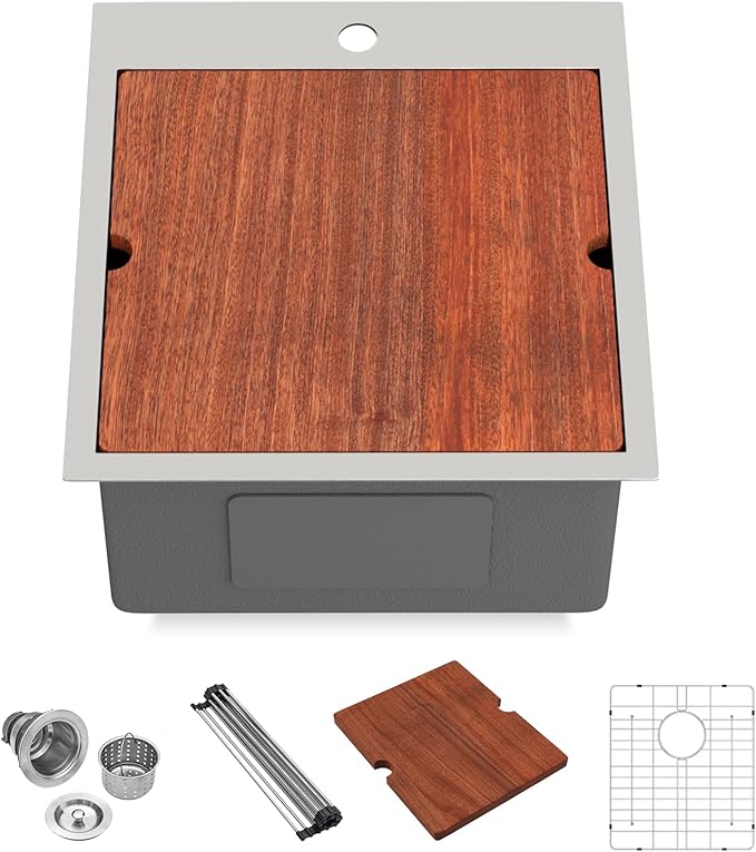 Lordear 18x20 Inch Drop In Topmount Bar Sink - 16 Gauge Stainless Steel Single Bowl Ledge Workstation, for RV/Kitchen/Camper/Wet Bar with Cutting Board