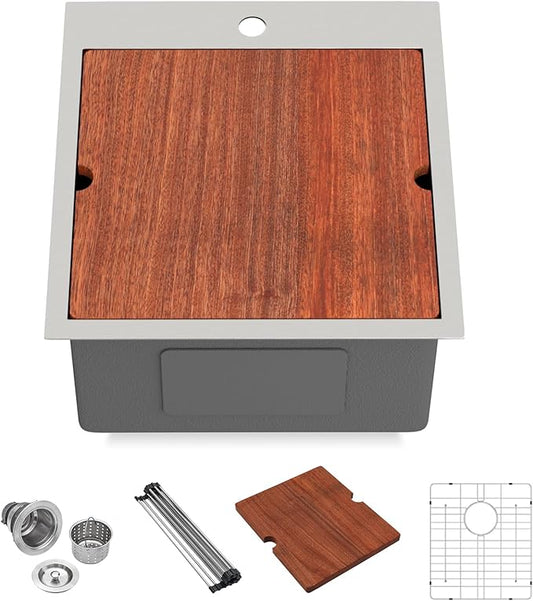 Lordear 18x20 Inch Drop In Topmount Bar Sink - 16 Gauge Stainless Steel Single Bowl Ledge Workstation, for RV/Kitchen/Camper/Wet Bar with Cutting Board