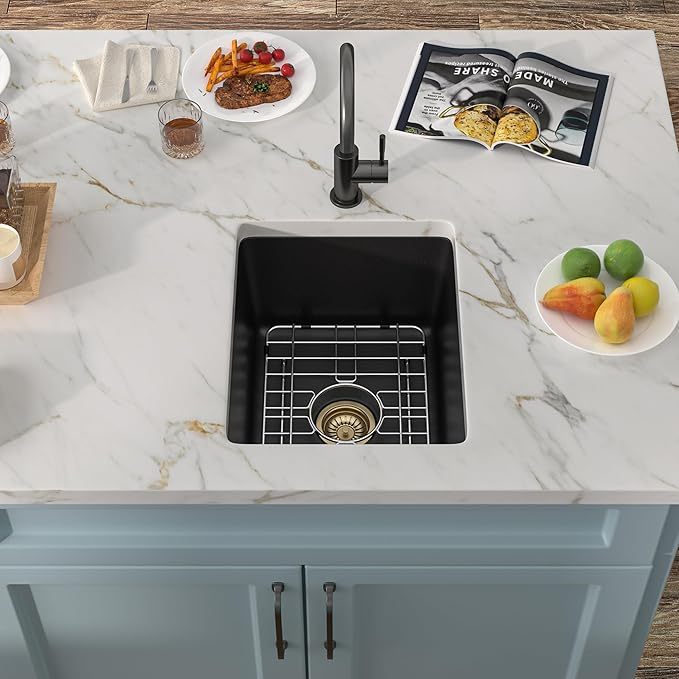 15"x18" Undermount Bar Prep Sink – Matte Black Granite Composite Quartz Classic Under Counter Single Bowl Sink Basin for Wet Bar, RV, Small Kitchen