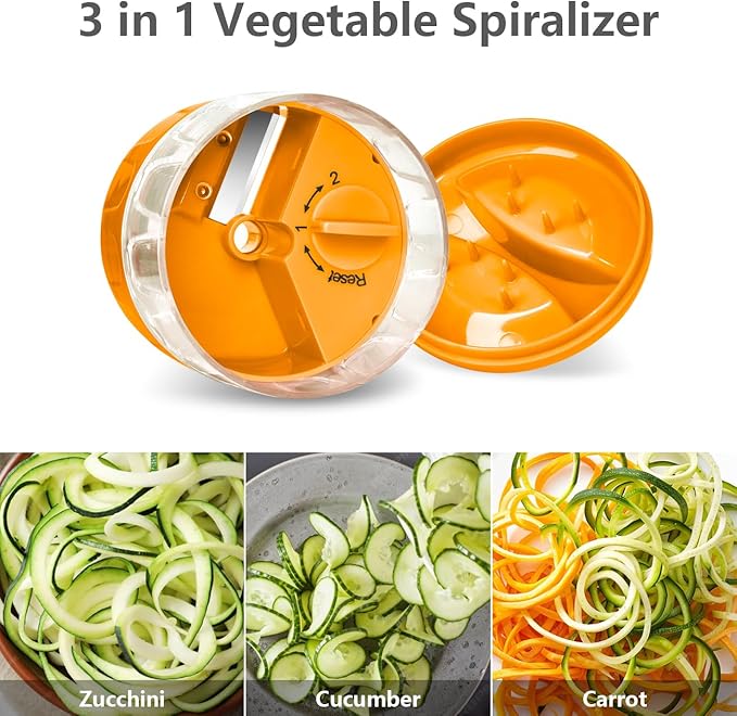 3 in 1 Vegetable Spiralizer Slicer, Adjustable Zucchini Carrot Noodle Maker, Cucumber Spiral Cutter, Easy to Use Kitchen Tool（Orange）