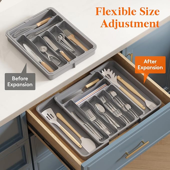 Lifewit Silverware Drawer Organizer, Expandable Utensil Organizer for Kitchen Drawers, Adjustable Cutlery and Flatware Tray, Plastic Spoons Forks Knives Holder Storage Dividers, Medium, Gray