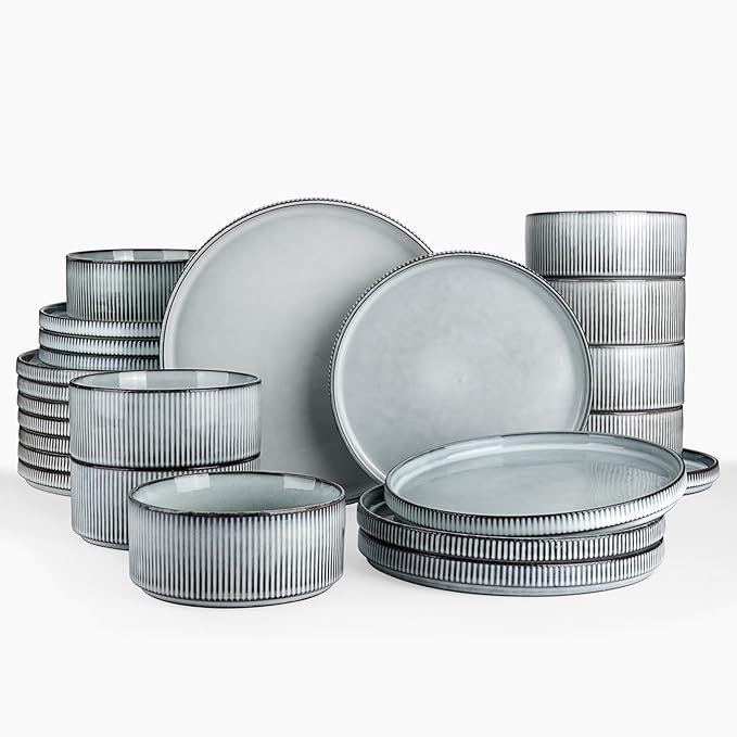 famiware Star Plates and Bowls Sets, Modern Stoneware Dinnerware Sets for 8, 24-Piece Kitchen Dish Set - Microwave and Dishwasher Safe, Chip and Scratch Resistant, Smoky Blue