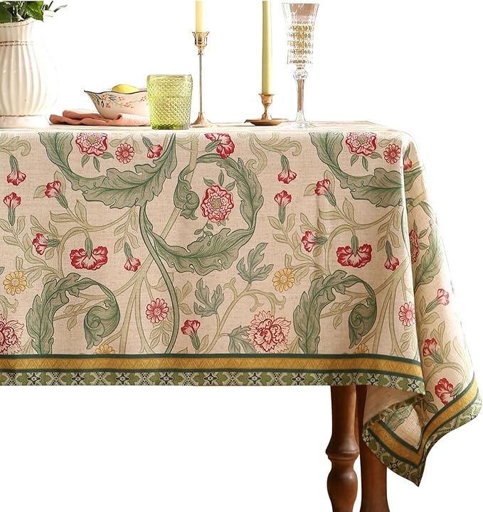 patdrea Designer Green Tablecloth for Rectangle Tables,Vintage Linen with Leaves and Flowers Pattern Tablecloths,Farmhouse Floral Table Cover Cloth Decor for Kitchen Dining Christmas,55"*71"