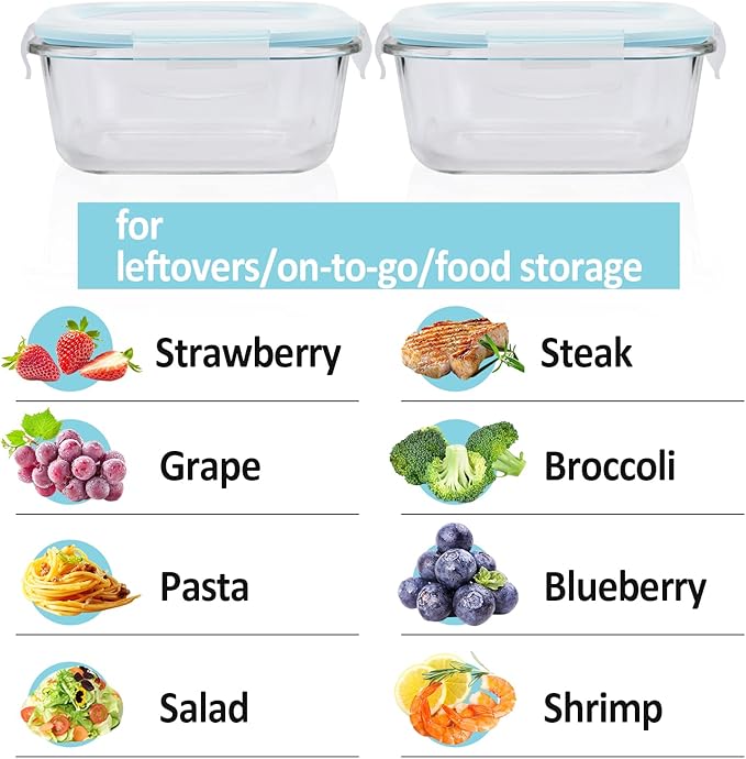 Glass Food Storage Containers with Lids Airtight 4 Pack, Glass Storage Containers with Lids for Food, Not Easy Broken & Leak Proof, Glass Containers with Lids for Oven/Dishwasher Safe, Blue