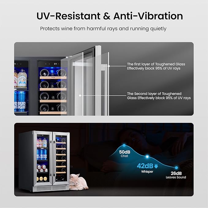 Yeego Wine and Beverage Refrigerator - 24 Inch Dual Zone Wine Cooler Fridge with Glass Door, Quiet Compressor Cooling, Hold 60 Cans & 20 Bottles, Built-in or Freestanding or Under Counter