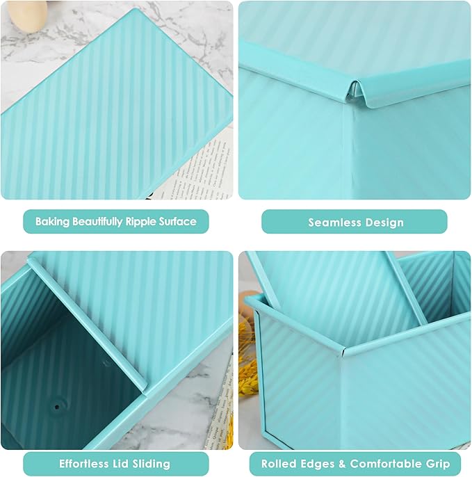 Blue Pullman Loaf Pan with Lid, Sandwich Bread Pullman Loaf Pan, 1LB Dough Capacity Rectangular Bread Pan, Non-Stick Loaf Pan with Dough Scraper Cutter for Sandwich Bread