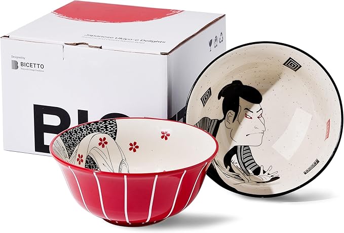 Ramen Bowl Set 45oz, 8inch, Japanese Ukiyo-e Design - Perfect for Ramen, Pho, and Noodles-Durable Ceramic Bowls, Microwave & Dishwasher Safe-Ramen Noodle Bowl Set (Samurai & Geisha)