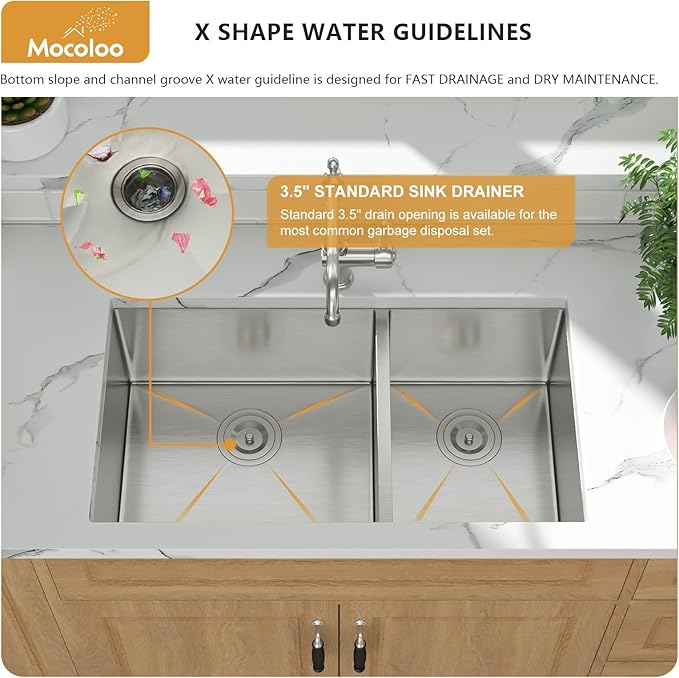Mocoloo 33 Inch Undermount Kitchen Sink Double Bowl - 60/40 Stainless Steel Double Bowl Under Counter 16 Gauge Kitchen Sinks Handmade, 33x19x10 Inch