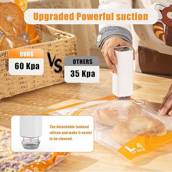 Compact Vacuum Sealer For Food, Powerful Handheld Vacuum Sealer Machin with 20Pcs Reusable Sous Vide Bags(4 SIZE), 4 Sealing Clip, 2 Clips for Sous Vide Cooking, 2 vacuum wine stoppers