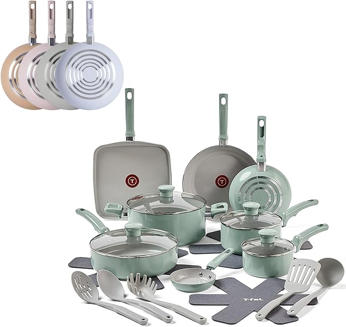 T-Fal Refresh Ceramic Nonstick Cookware Set, 20-Piece, Oven Safe to 350°F, Stockpot, Ceramic Pots and Pans Set, Frying Pans, Griddle, Utensils, Mint Green