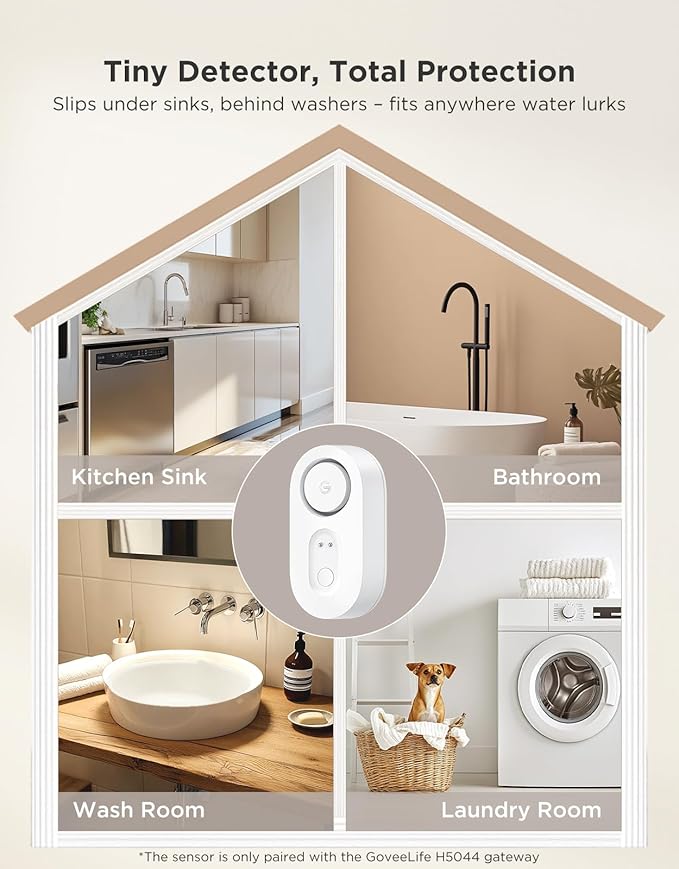 GoveeLife Water Leak Detector 5 Pack with 105dB Adjustable Alarm, Water Alarm with Dual Sets Sensor Probes Leaks and Floods. Suit for Home, Basement, and Kitchen(Cannot Connect to Wi-Fi Directly)
