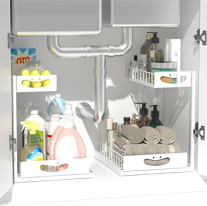 Under Sink Organizer with Pull-Out Drawers,Kitchen Sink Organizer,2 Tier Bathroom Organizers And Storage,Bathroom Accessories Set,White 1 Pack