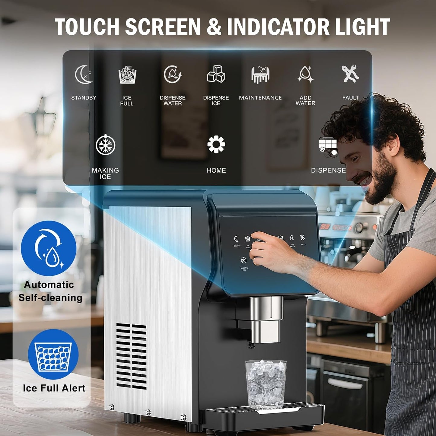 Nugget Ice Maker Countertop, 50LBS/Day with 5LBS Storage Bin, Water Dispenser Countertop Ice Maker Machine Stainless Steel, Soft Chewable Pellet Ice Machine for Home Bar Kitchen Office, Self-Cleaning