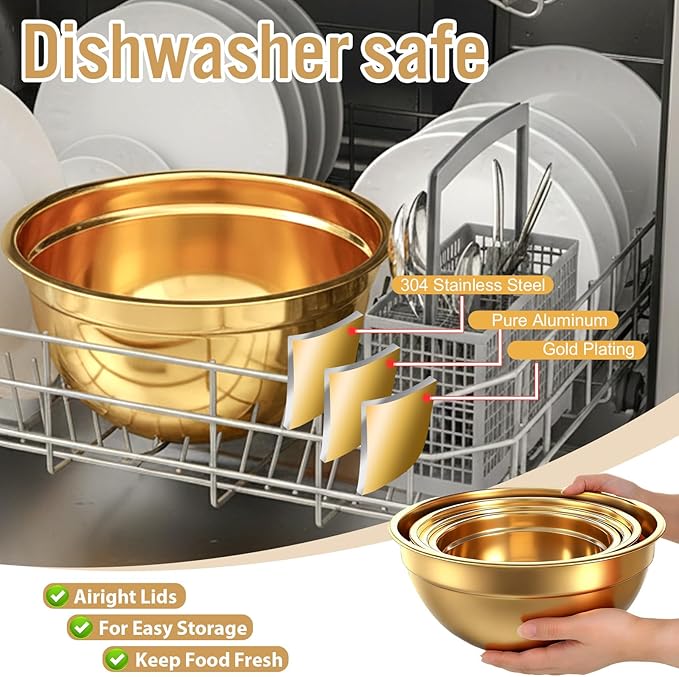 SHENLIU 5 Pcs Gold Mixing Bowls with Airtight Lids, Stainless Steel Mixing Bowl with Colander Metal Nesting Organizers for Kitchen Prepping Serving Food, Non-slip Bottom Size 5.5, 3.6, 2.7, 2.1Qt
