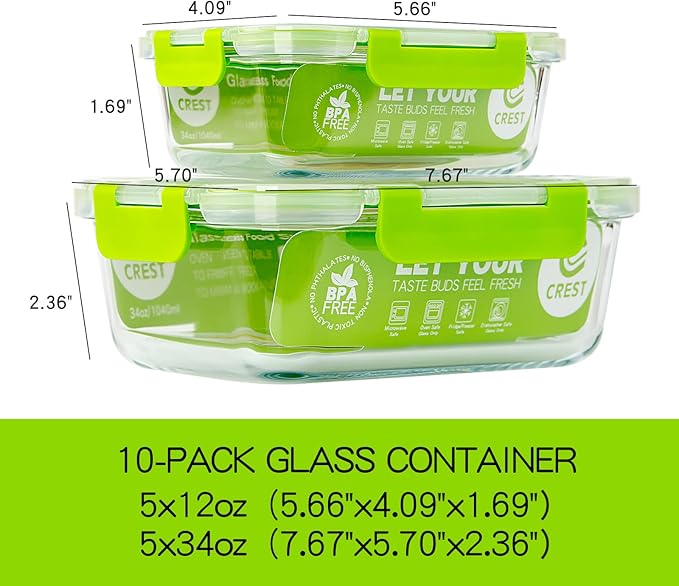 UMEIED 10 Pack Glass Food Storage Containers with Lids Leakproof, Airtight Glass Meal Prep Containers For Lunch, On The Go, Leftover, Dishwasher Safe