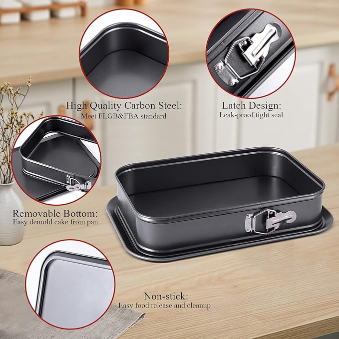 Kenond Large Springform Cake Pan, 14 x 11-Inch Rectangle Cheesecake Pan, Tiramisu Bakeware with 50Pcs Wax Paper, 3Pcs Spatula Set, Non-Stick Baking Pan Mold Leakproof
