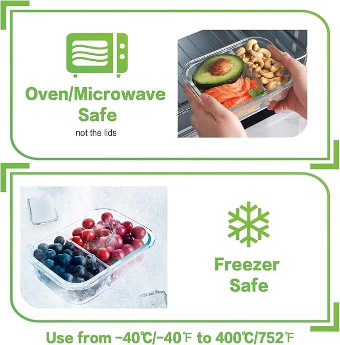 HOMBERKING 10 Pack 24oz Glass Meal Prep Containers 2 Compartment, Glass Food Storage Containers with Lids, Airtight Lunch Bento Boxes, BPA-Free & Leak Proof (10 lids & 10 Container) - Grey