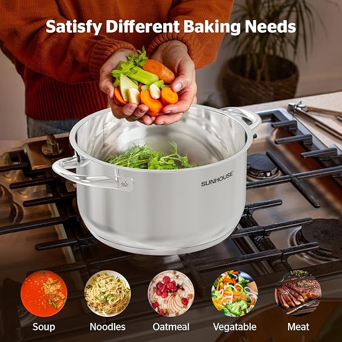 SUNHOUSE Stainless Steel Stock Pot - 11 Quart Heavy-Duty Induction Cooking Pot with Visible Lid for Pasta, Soup, Spaghetti - Nonstick Thick-Bottom Deep Stockpot for Canning, Boiling, and Simmering