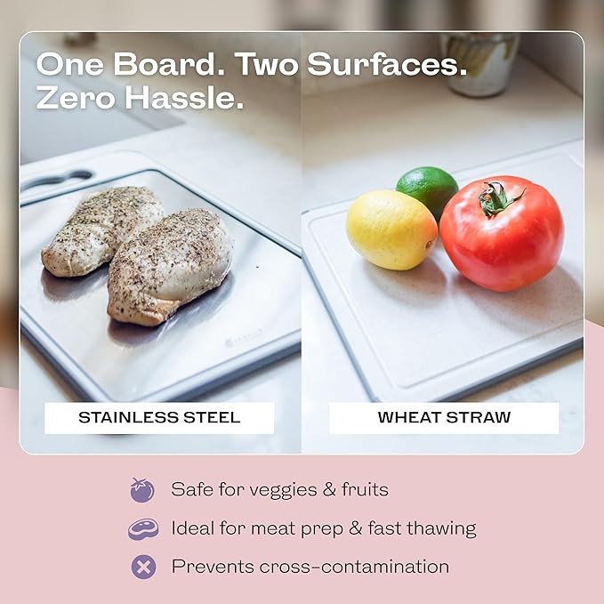 Non-Toxic Cutting Board – Double-Sided Stainless Steel & Wheat Straw – Dishwasher Safe, BPA-Free, Juice Groove, Built-In Knife Sharpener, Non-Slip – 14.4” x 9.8” Kitchen Chopping Board