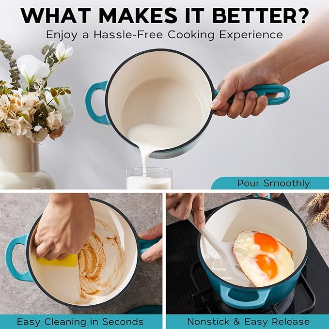 Onader Enameled Cast Iron Sauce Pan, 2QT Saucepan with Lid, Small Cast Iron Pot for Cooking, Enamel Dutch Oven Nonstick & Heavy Duty – Dark Cyan