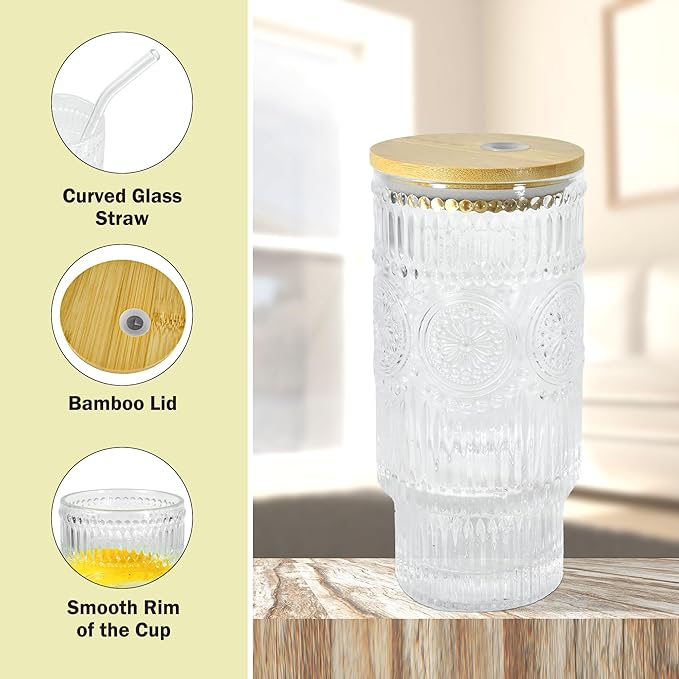 4 Pcs 16 oz Glasses Cups Set with Bamboo Lids Straws Brush Sunflower Glassware Set for Juice Iced Coffee Beer Cocktail Whiskey