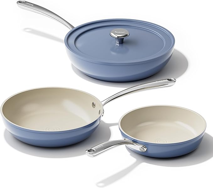 Redchef Nonstick Ceramic Pans, 4-Piece Deep Ceramic Frying Pan with Lid, 8" 9.5" 11" Deep Frying Pan, Egg Frying Pans Suitable for All Stovetops, PFAS & PTFE & PFOA Free, Dishwasher & Oven Safe, Blue