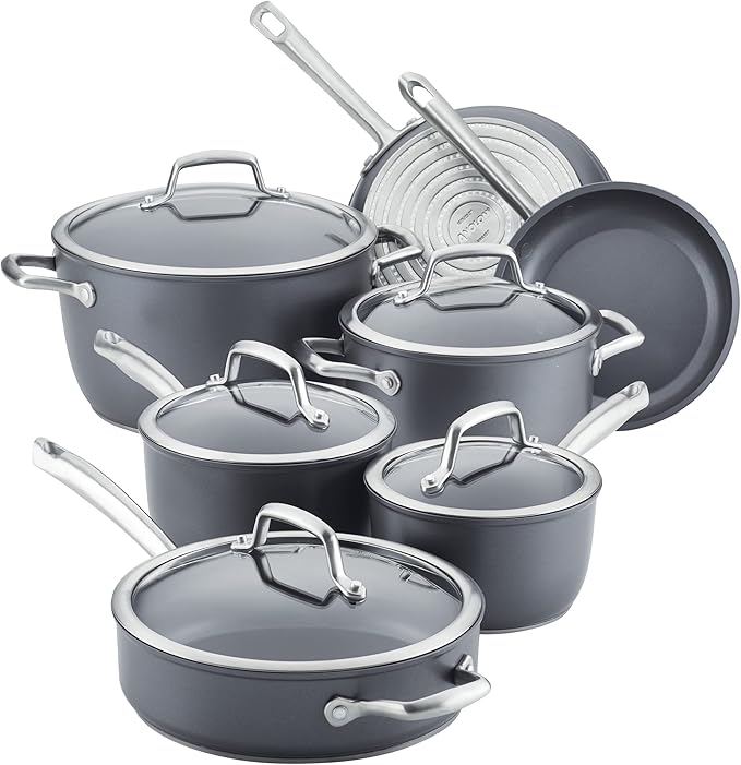 Anolon Accolade Forged Hard Anodized Nonstick Pots & Pans - Induction Cookware Set - 12 Piece - Moonstone Gray